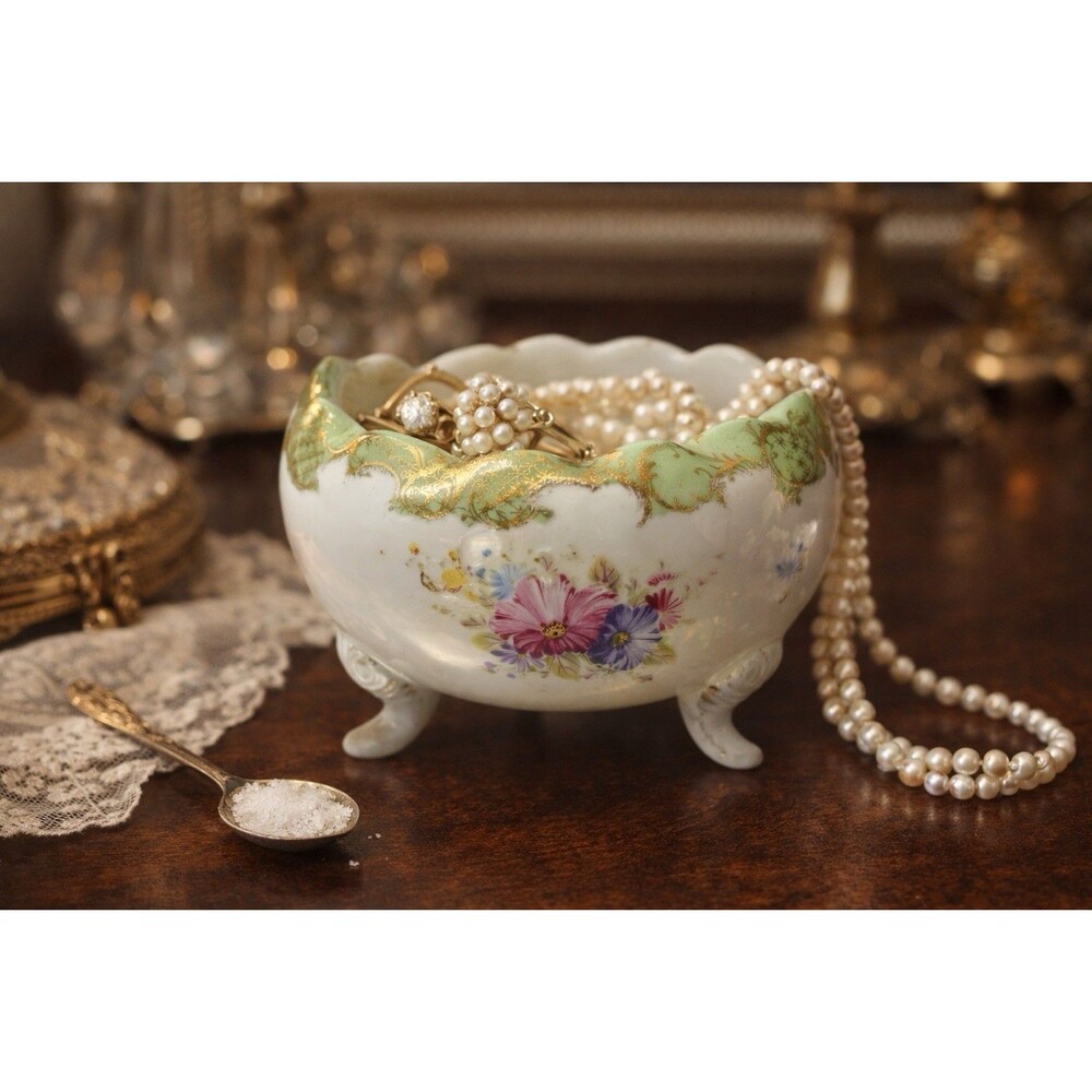 Antique Opaline Glass Footed Bowl Floral Gold Gilt Victorian 5”